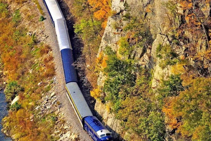 a train traveling down train tracks near eagle rock during the fall