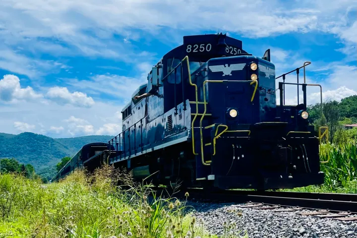 a train traveling down train tracks near a field