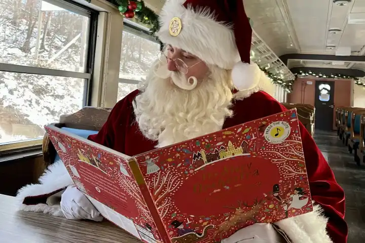 Santa Clause reading the nutcracker story on the Potomac Eagle train