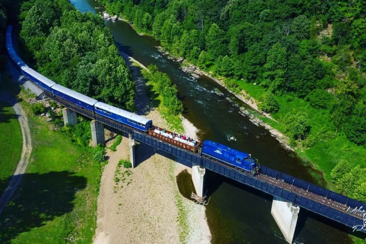 Potomac Eagle train crossing the Sycamore Bridge in the summer