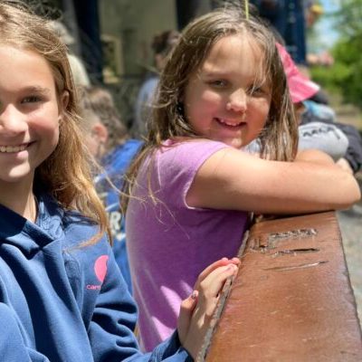 Close up of two girls on the gondola car