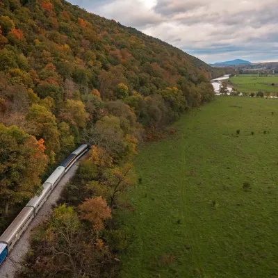 a train on a fall hillside
