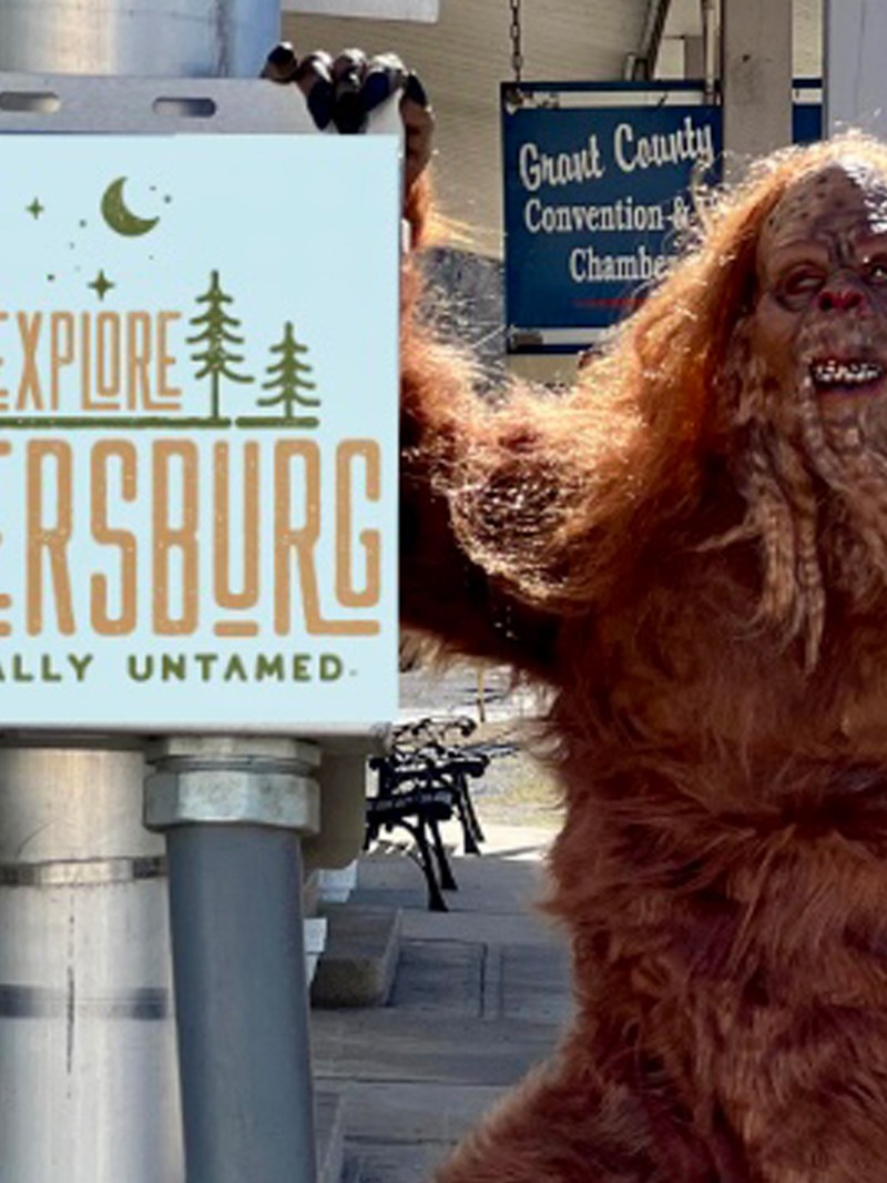 a dog is sitting in front of a sign