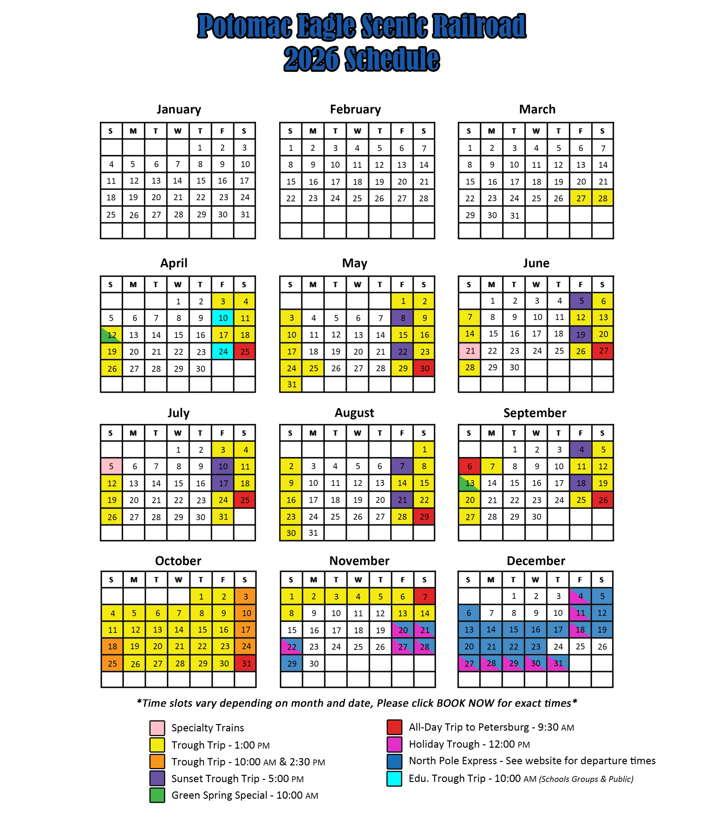 Potomac Eagle Scenic Railroad 2026 schedule with color-coded calendar for monthly trips.
