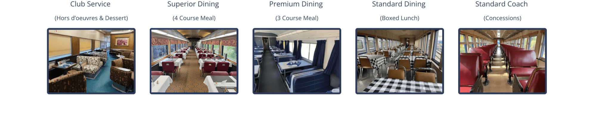 Train interiors: club, superior, premium, standard dining, and coach seating.