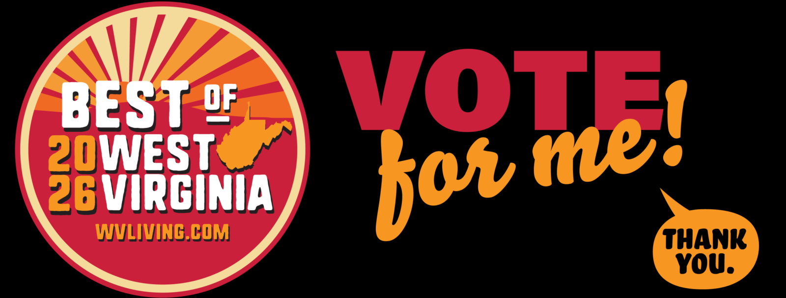 Best of West Virginia 2023 logo with 'Vote for me!' and 'Thank you' speech bubble.